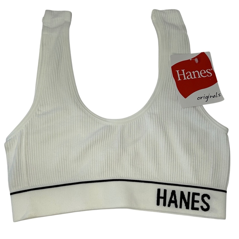 Hanes Originals White Ribbed Seamless Bralette‎ MHB006 XS Logo Band Scoop Neck
